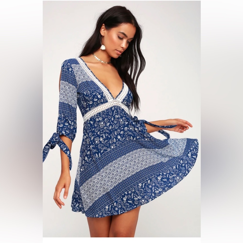 Lulus Adler Blue and White Print Crochet Lace Dress